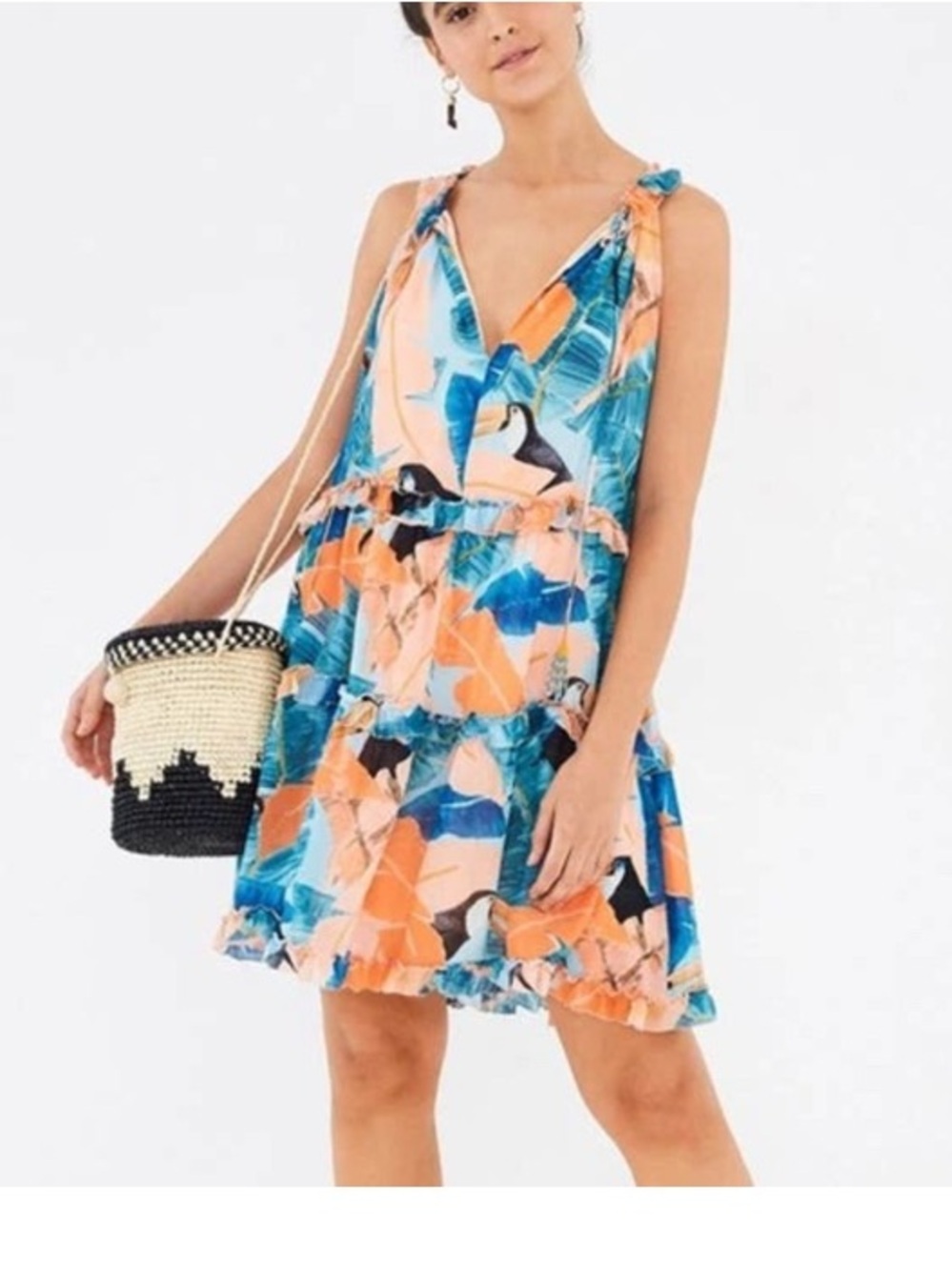 Farm Rio Tropical Forest Tiered Mini Dress Toucans Size Medium